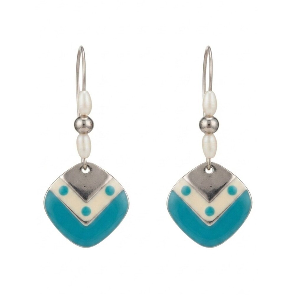 Boho Teal Enamel Chevron Geometric Pearl Beaded Silver-Tone Dangle Earrings